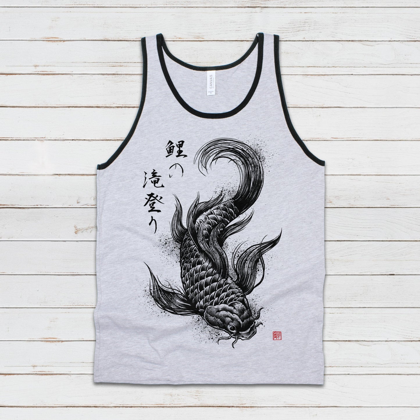 Koi Carp Japanese Calligraphy Tank Top Gyotaku Traditional Art Ukiyo-e Japan Kanji Anime Manga Kyoto Kawaii Womens Men Printed Vest Cami Tee