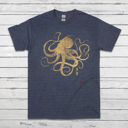 Octopus Japanese Calligraphy T Shirt Gyotaku Traditional Art Japan Anime Manga Gold Print Yoga Martial Arts Samurai Mens Womens Printed Tee