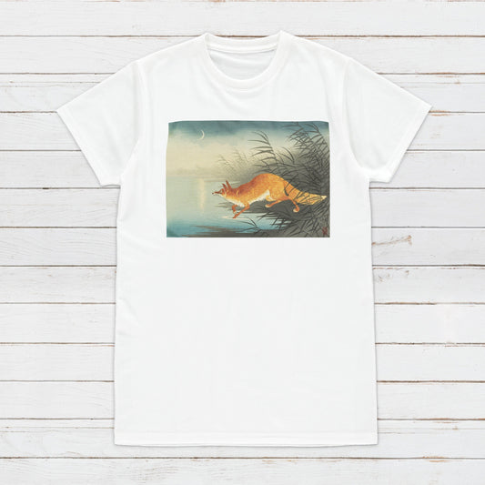 Japanese Ukiyo-e T Shirt Woodblock Art Ohara Koson Shoson Fox Kitsune Moon Traditional Kanji Calligraphy Womens Mens Graphic Printed Tee