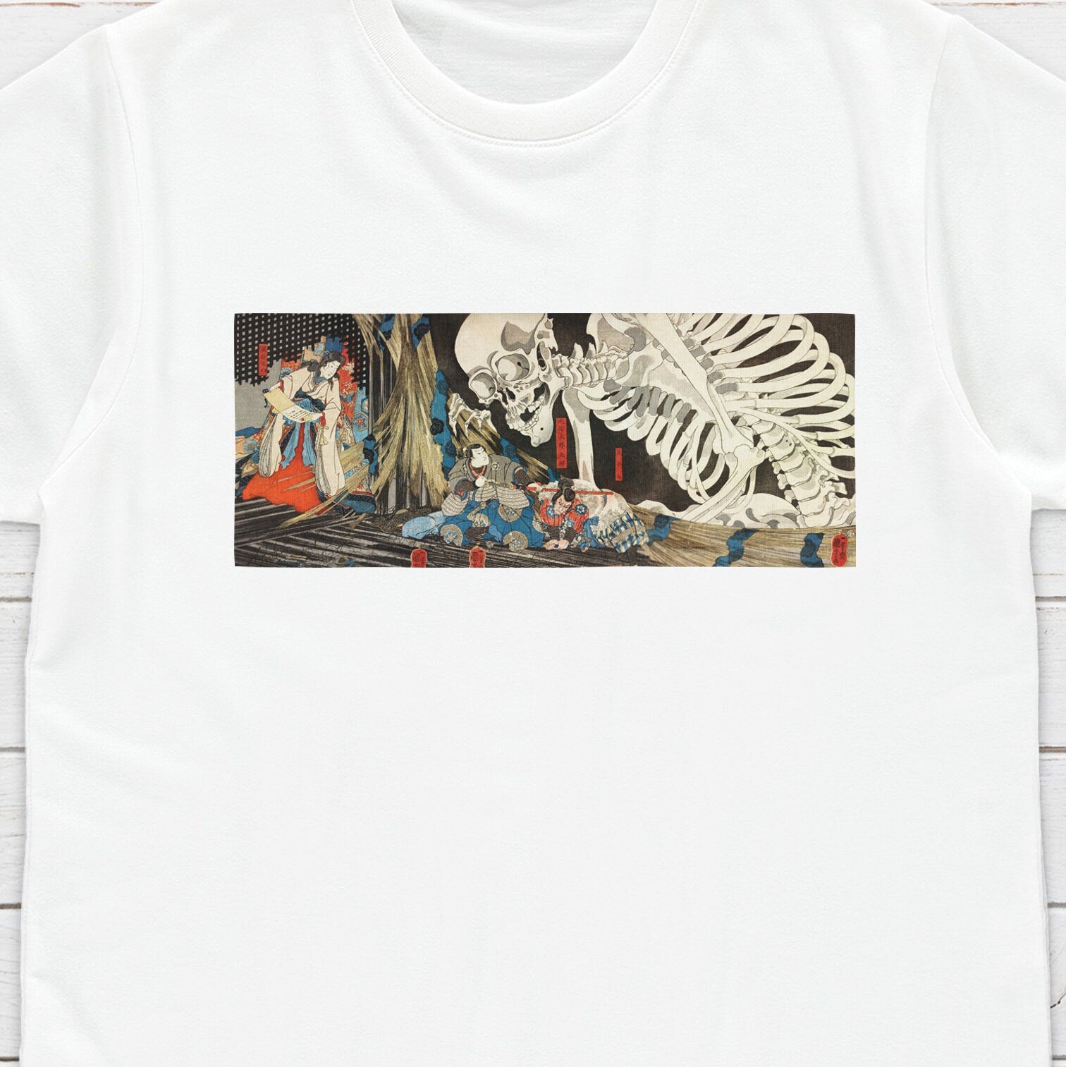 Japanese Ukiyo-e T Shirt Woodblock Art Utagawa Kuniyoshi Mitsukuni and the Skeleton Specter Tryptych Japan Calligraphy Women Men Printed Tee