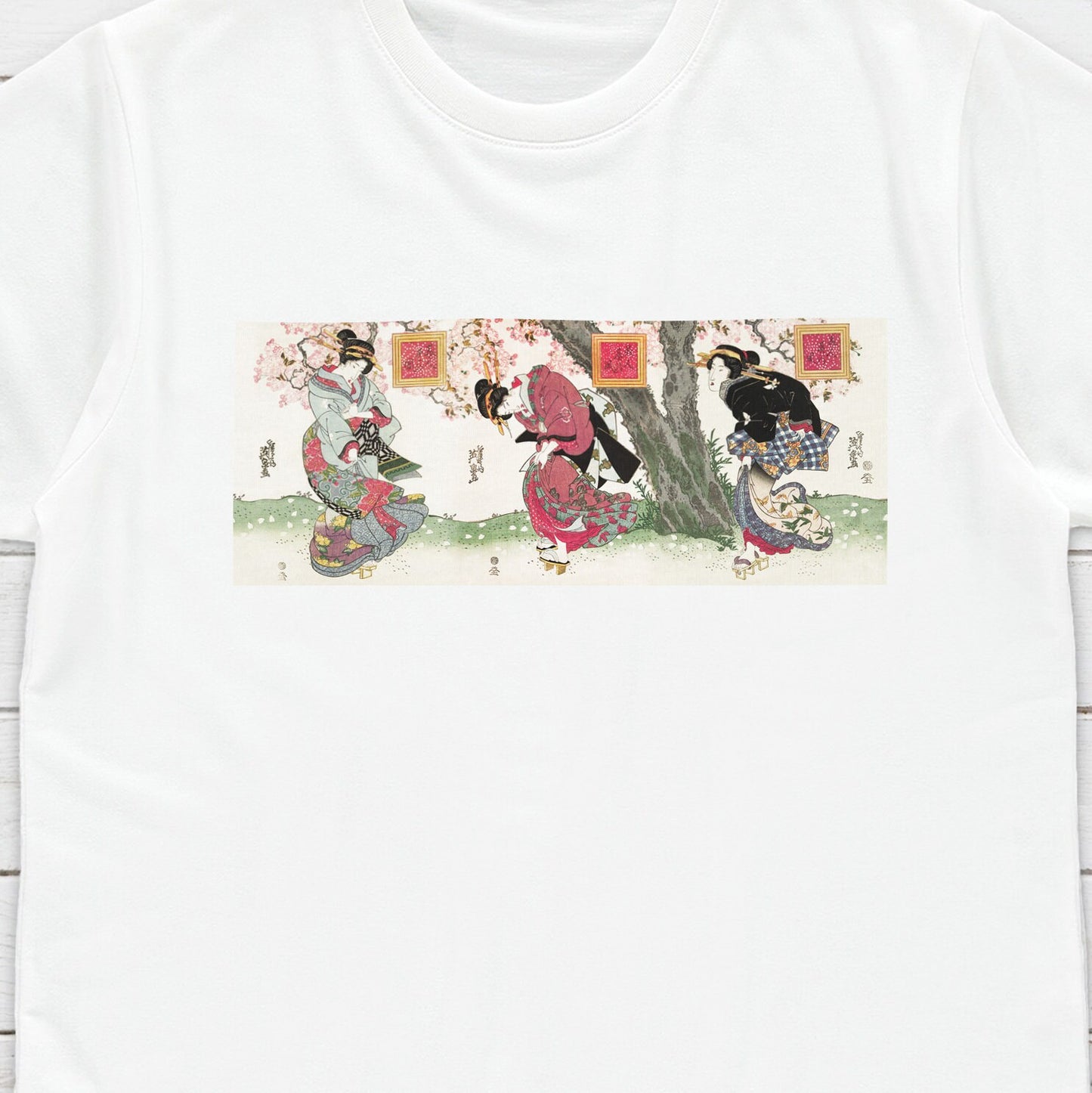 Japanese Ukiyo-e T Shirt Woodblock Art Keisai Eisen Kyoto Geisha Maiko Tryptych Sakura Tattoo Beautiful Calligraphy Womens Mens Printed Tee