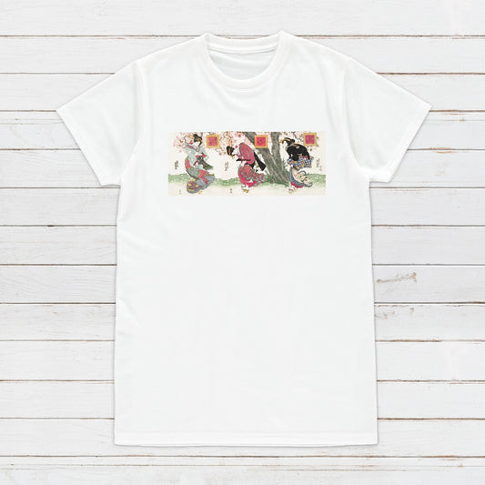 Japanese Ukiyo-e T Shirt Woodblock Art Keisai Eisen Kyoto Geisha Maiko Tryptych Sakura Tattoo Beautiful Calligraphy Womens Mens Printed Tee
