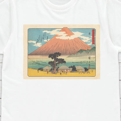 Japanese Ukiyo-e T Shirt Woodblock Art Hiroshige Mount Fuji Mountain Hara Station 14 Tokaido Japan Kanji Calligraphy Womens Mens Printed Tee