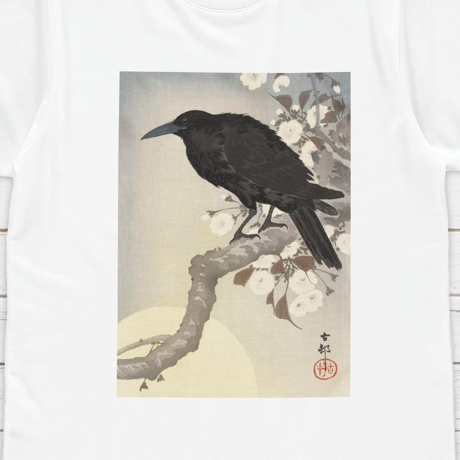 Japanese Ukiyo-e T Shirt Woodblock Art Ohara Koson Shoson Crow Raven Rook Bird Tattoo Moon Kanji Calligraphy Womens Mens Graphic Printed Tee