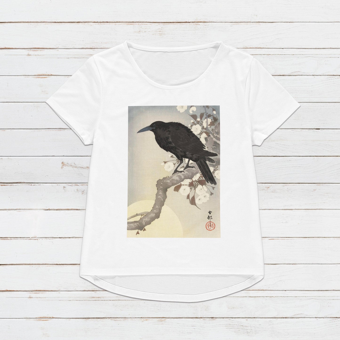 Japanese Ukiyo-e T Shirt Woodblock Art Ohara Koson Shoson Crow Raven Rook Bird Tattoo Moon Kanji Calligraphy Womens Mens Graphic Printed Tee