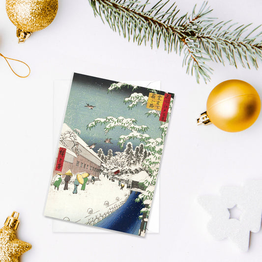 Japanese Ukiyo-e Art Greeting Card Christmas Xmas New Year Winter Woodblock Print Aesthetic Hiroshige Pretty Basho Elegant Luxury Gift - Y85
