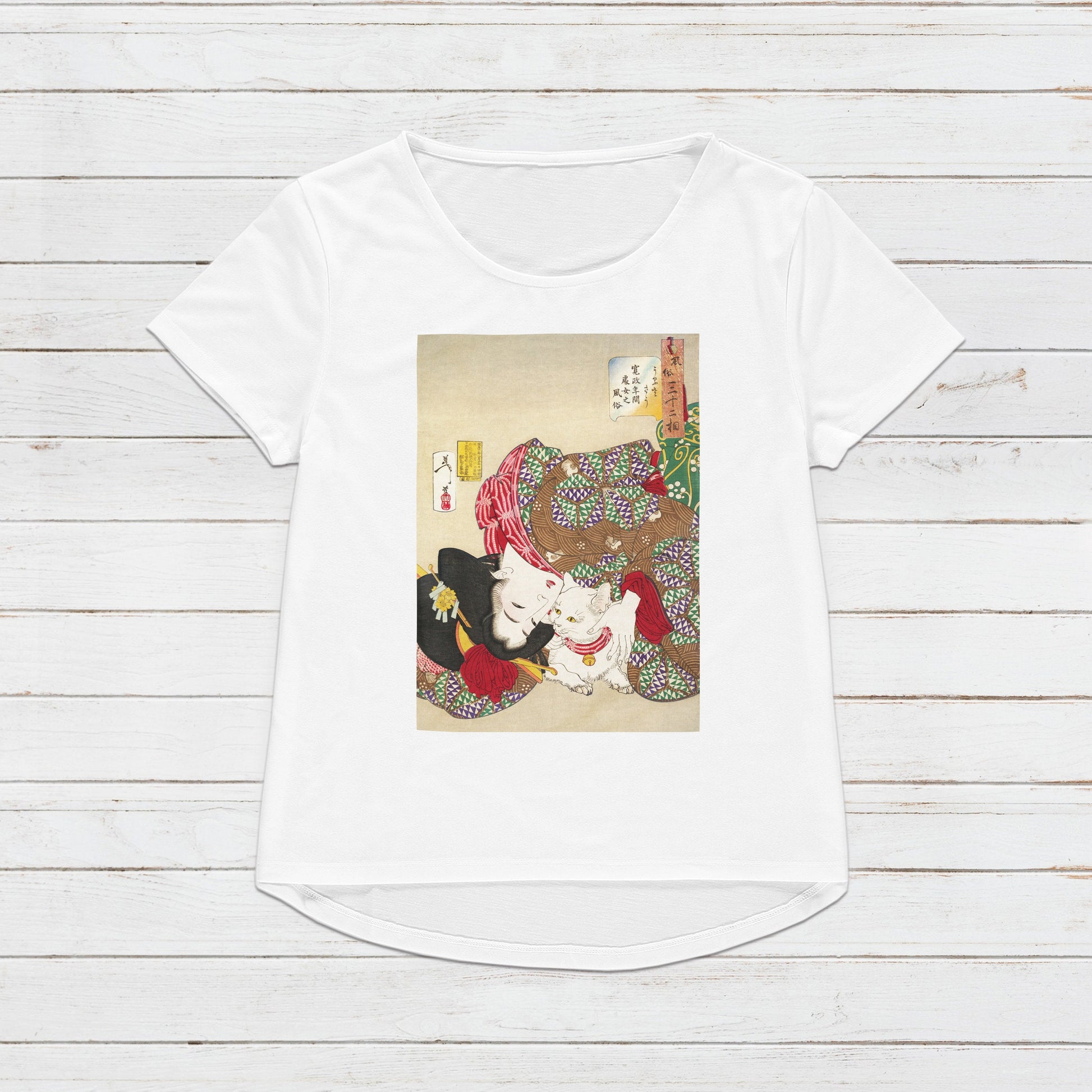 Japanese Ukiyo-e T Shirt Woodblock Art Yoshitoshi Kyoto Geisha Maiko Cat Neko Tattoo Beautiful Japan Calligraphy Womens Mens Printed Tee Top