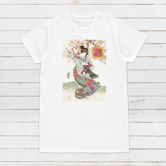 Japanese Ukiyo-e T Shirt Woodblock Art Keisai Eisen Kyoto Geisha Maiko Sakura Tattoo Beautiful Japan Calligraphy Womens Mens Printed Tee Top