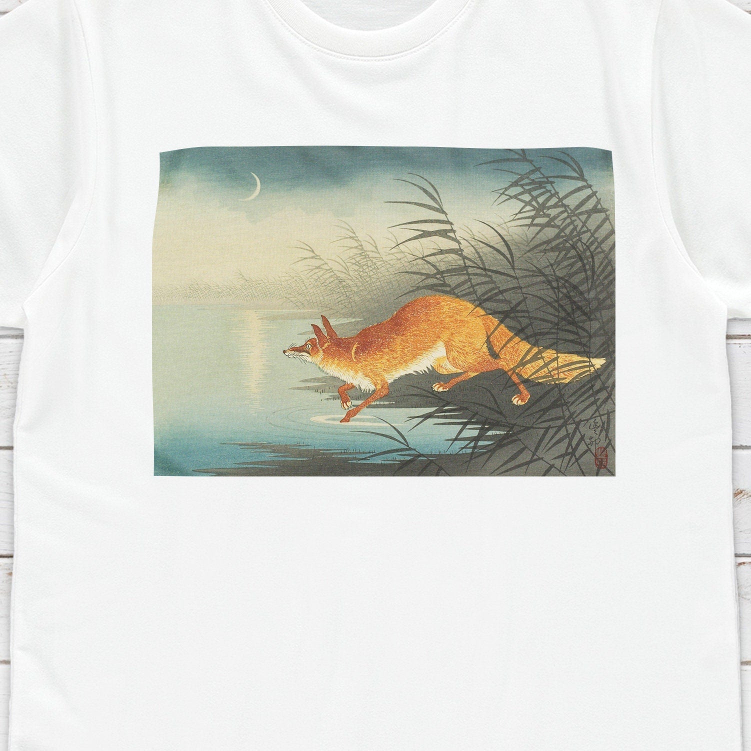 Japanese Ukiyo-e T Shirt Woodblock Art Ohara Koson Shoson Fox Kitsune Moon Traditional Kanji Calligraphy Womens Mens Graphic Printed Tee