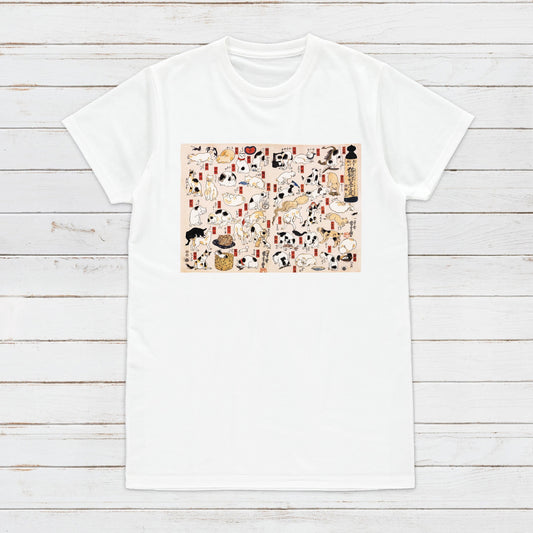 Japanese Ukiyo-e T Shirt Woodblock Art Utagawa Kuniyoshi Cats Tokaido Tattoo Neko Funny Kawaii Calligraphy Womens Mens Graphic Printed Tee