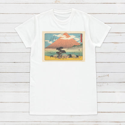 Japanese Ukiyo-e T Shirt Woodblock Art Hiroshige Mount Fuji Mountain Hara Station 14 Tokaido Japan Kanji Calligraphy Womens Mens Printed Tee