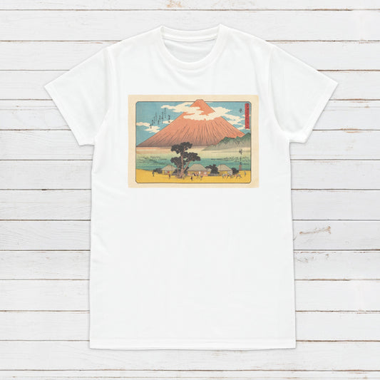 Japanese Ukiyo-e T Shirt Woodblock Art Hiroshige Mount Fuji Mountain Hara Station 14 Tokaido Japan Kanji Calligraphy Womens Mens Printed Tee