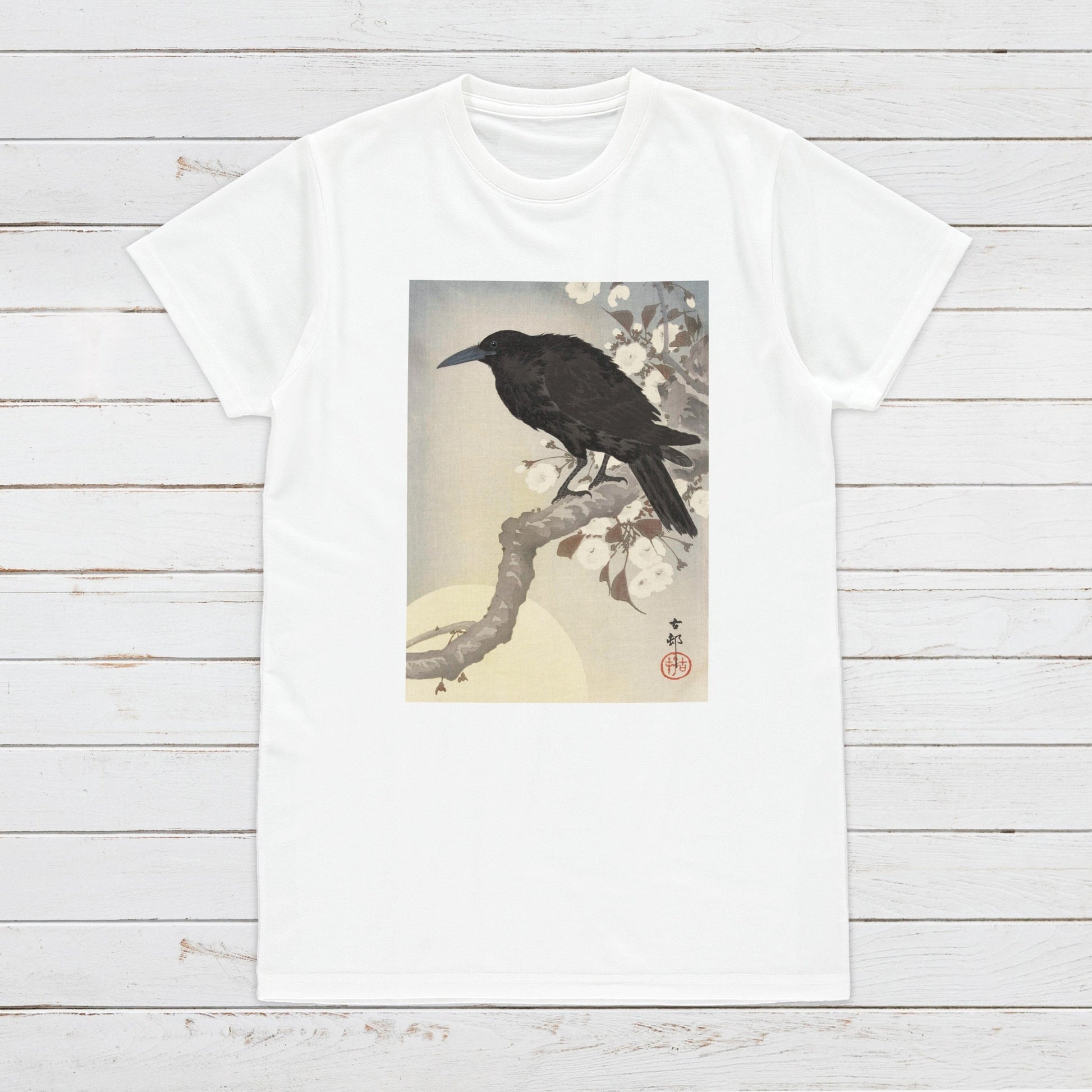 Japanese Ukiyo-e T Shirt Woodblock Art Ohara Koson Shoson Crow Raven Rook Bird Tattoo Moon Kanji Calligraphy Womens Mens Graphic Printed Tee