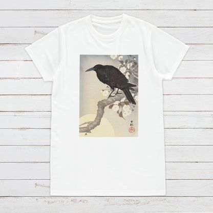 Japanese Ukiyo-e T Shirt Woodblock Art Ohara Koson Shoson Crow Raven Rook Bird Tattoo Moon Kanji Calligraphy Womens Mens Graphic Printed Tee