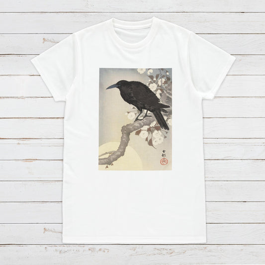 Japanese Ukiyo-e T Shirt Woodblock Art Ohara Koson Shoson Crow Raven Rook Bird Tattoo Moon Kanji Calligraphy Womens Mens Graphic Printed Tee
