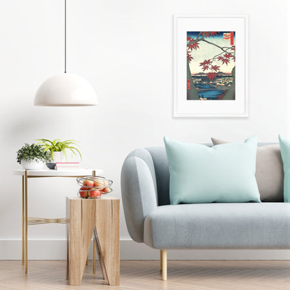 Japanese Art Print Poster Woodblock Ukiyo-e Framed Mounted Wall Hiroshige Maples At Mama Trees Leaves Beautiful Landscape Calligraphy A2 A3