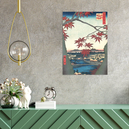 Japanese Ukiyo-e Art Print Poster Woodblock Wall Art Hiroshige Maples At Mama Trees Leaves Landscape Autumn Beautiful Japan Calligraphy A3