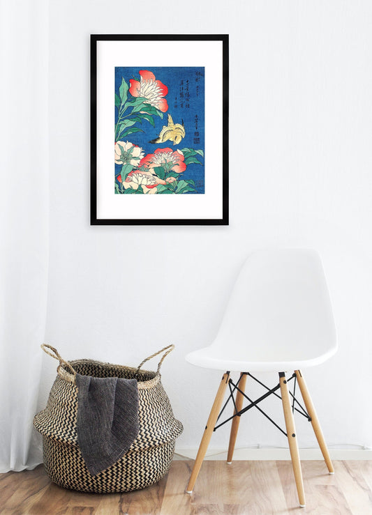 Japanese Art Print Poster Woodblock Ukiyo-e Framed Mounted Wall Hokusai Flower Floral Peonies Canary Bird Tattoo Beautiful Calligraphy A2 A3