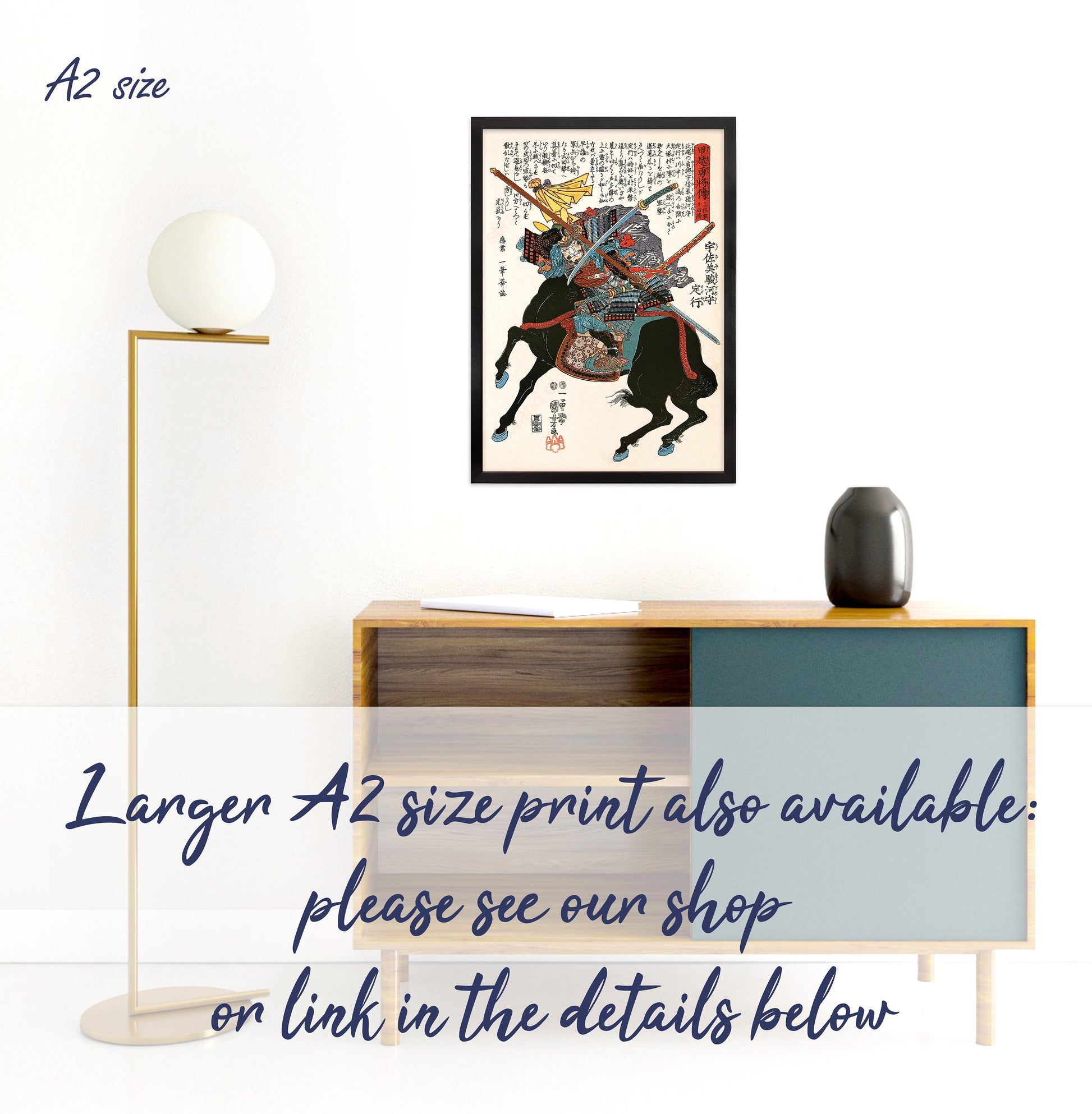 Japanese Samurai Art Print Poster Woodblock Ukiyo-e Style Framed Mounted Wall Warrior Armour Sword Katana Tattoo Calligraphy Horse A3 A2