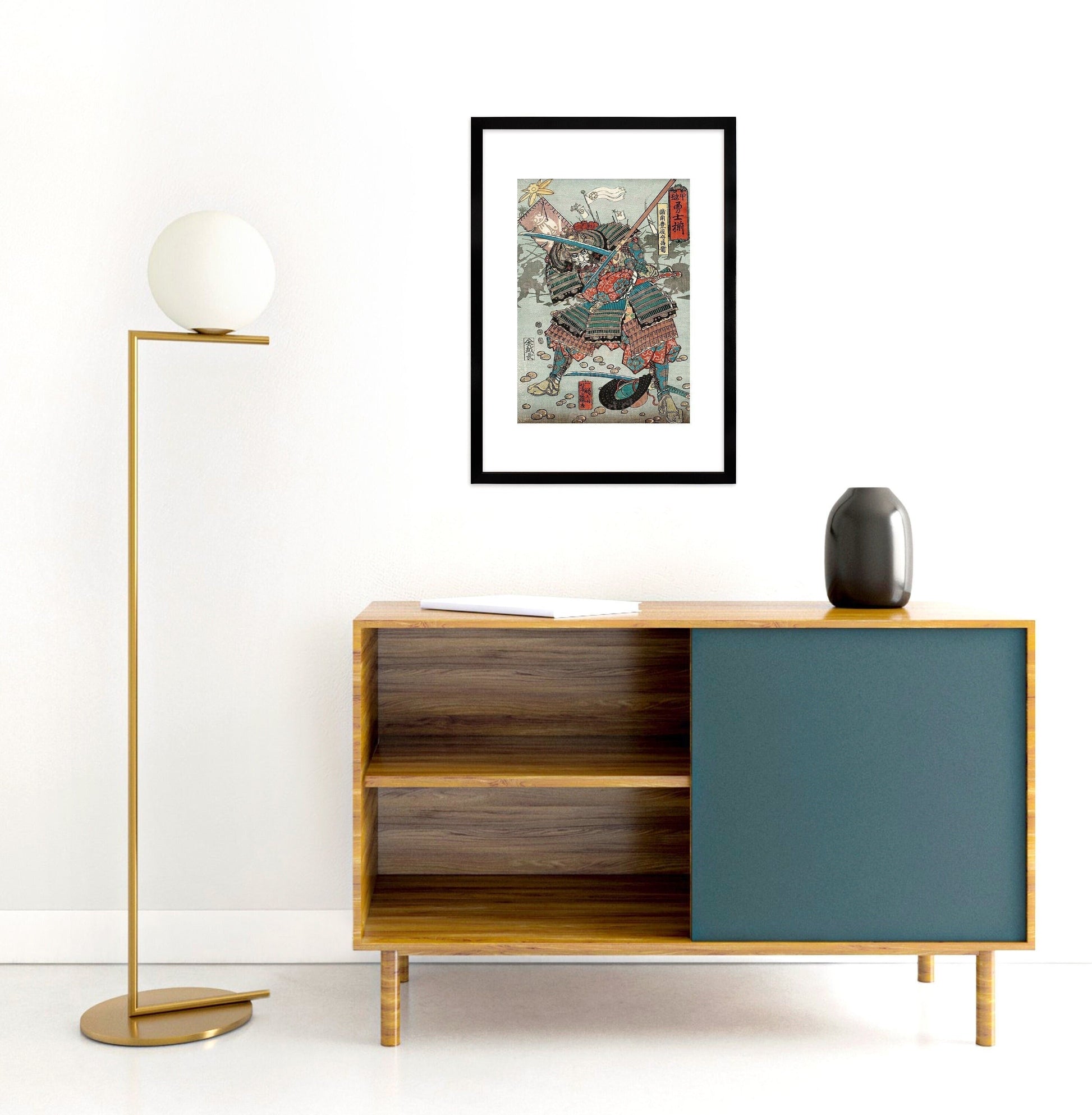 Japanese Samurai Art Print Poster Woodblock Ukiyo-e Style Framed Mounted Wall Warrior Armour Sword Katana Tattoo Calligraphy Archery A3 A2