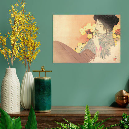 Japanese Beauty Ukiyo-e Art Print Poster Woodblock Wall Decor Kajita Hanko Kuchi-e Bijin Chrysanthemum Geisha Maiko Kimono Obi Beautiful A3