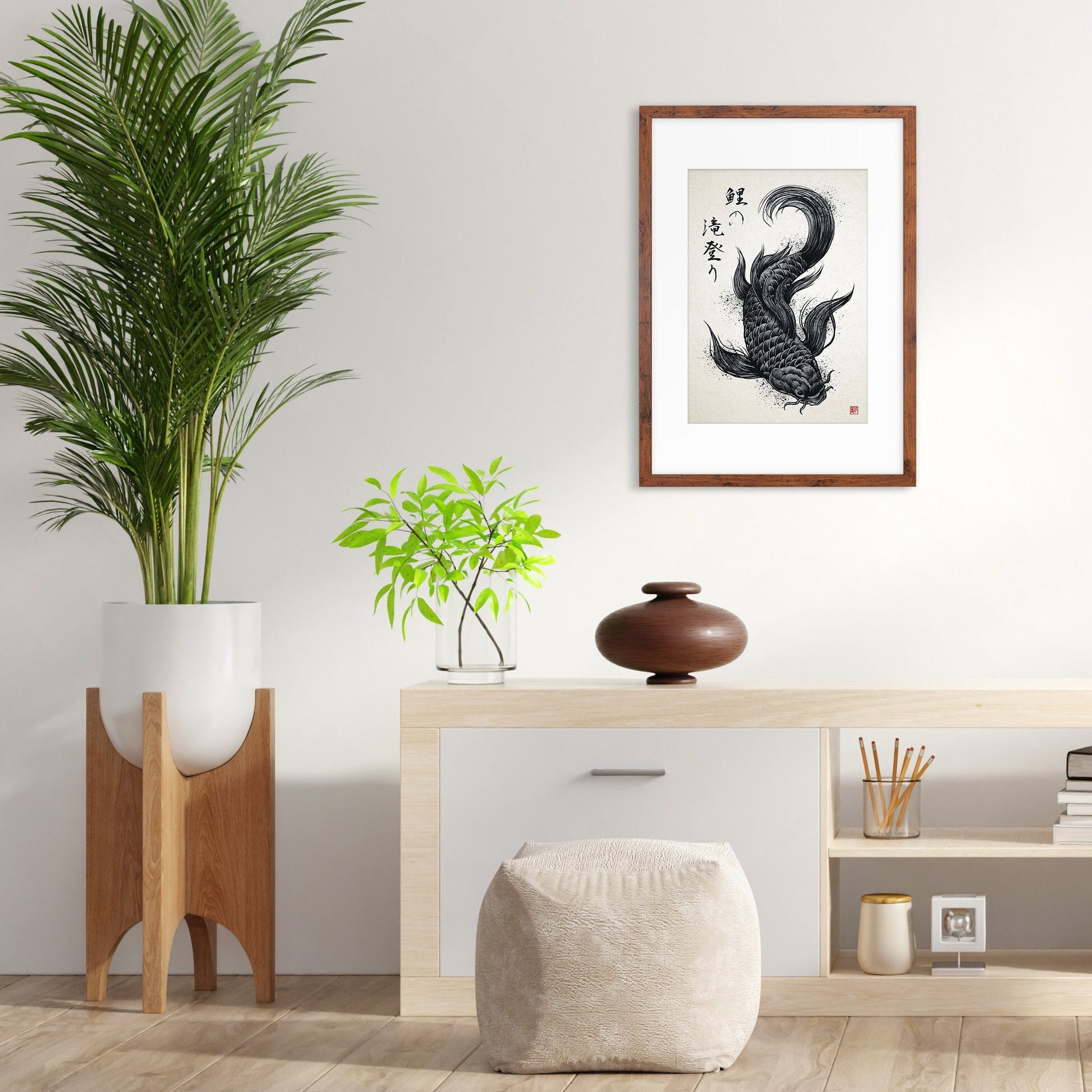 Japanese Koi Carp Art Print Poster Woodblock Ukiyo-e Style Framed Mounted Wall Samurai Tattoo Monster Calligraphy Beautiful Bushido A3 A2