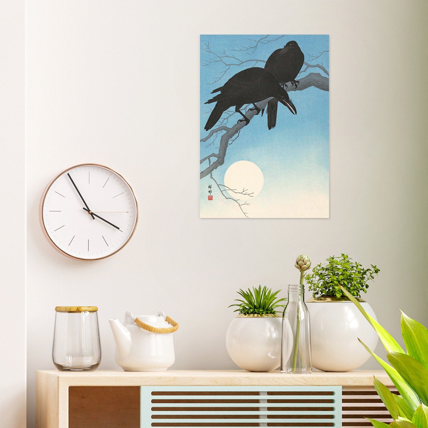 Japanese Ukiyo-e Art Print Poster Woodblock Wall Art Ohara Koson Shoson Two Crows Raven Moon Bird Tattoo Beautiful Japan Calligraphy Nature