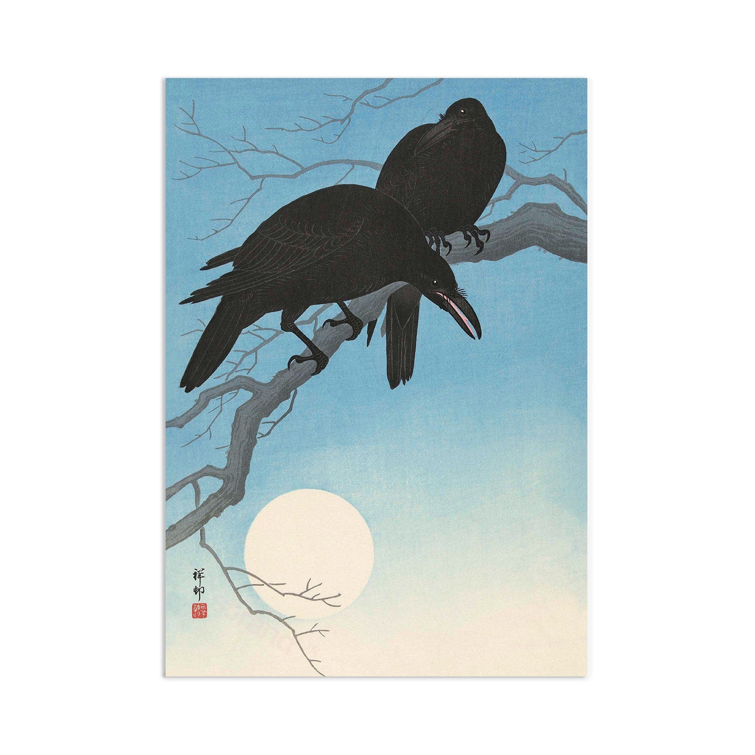 Japanese Ukiyo-e Art Print Poster Woodblock Wall Art Ohara Koson Shoson Two Crows Raven Moon Bird Tattoo Beautiful Japan Calligraphy Nature