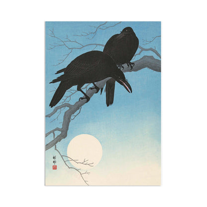 Japanese Ukiyo-e Art Print Poster Woodblock Wall Art Ohara Koson Shoson Two Crows Raven Moon Bird Tattoo Beautiful Japan Calligraphy Nature