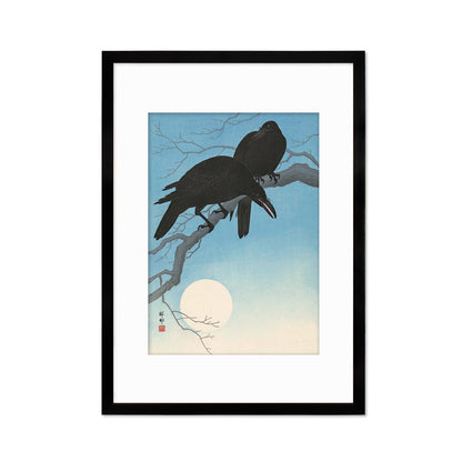 Japanese Art Two Crows Print Poster Woodblock Ukiyo-e Ohara Koson Shoson Raven Moon Bird Framed Mounted Wall Nature Landscape Elegant A3 A2