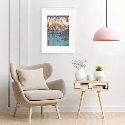 Japanese Art Print Poster Woodblock Ukiyo-e Framed Mounted Wall Hiroshige Kameido Tenjin Keidai Monet Bridge Wisteria Flowers Pretty A2 A3