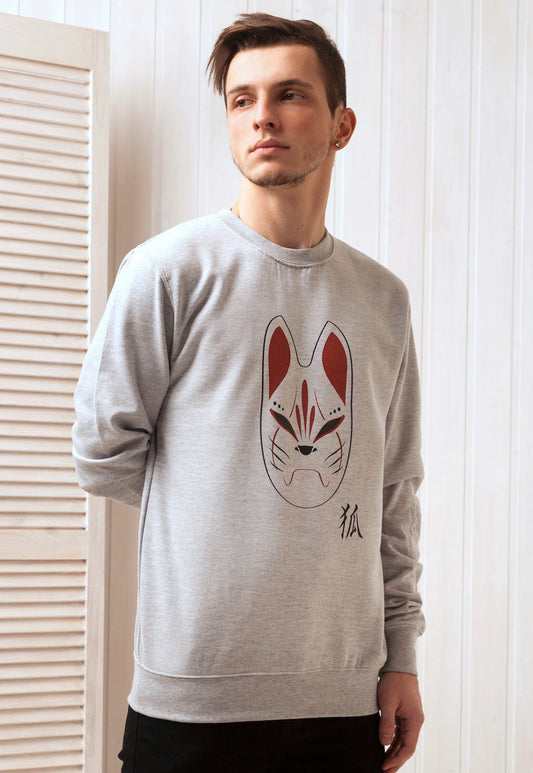 Japanese Sweatshirt – Kitsune Fox Mask – Kitsunemen Calligraphy Kanji Inari Japan Anime Manga Kawaii Graphic Printed Pullover Sweater Jumper