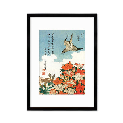 Japanese Art Framed Mounted Ukiyo-e Wall Decor Print Poster Woodblock Hokusai Flower Floral Azalea Cuckoo Bird Calligraphy Beautiful Haiku