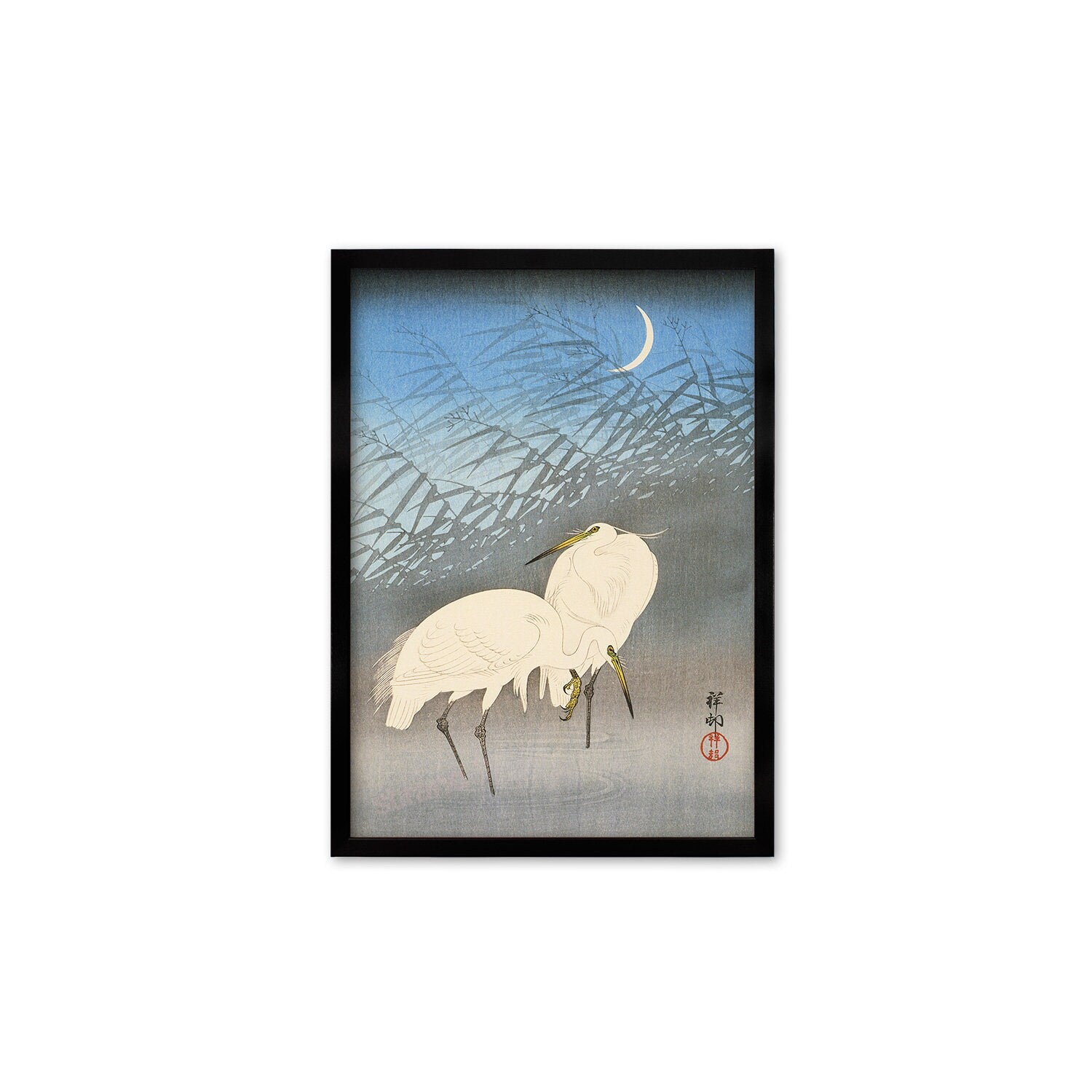 Japanese Art Egrets Cranes Framed Mounted Ukiyo-e Wall Decor Print Poster Woodblock Koson Shoson Heron Bird Calligraphy Beautiful Haiku Cute