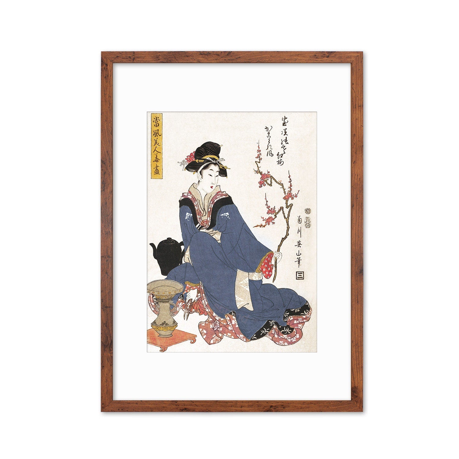 Japanese Art Geisha Blossoms Framed Mounted Ukiyo-e Wall Decor Print Poster Woodblock Maiko Bijin Kimono Flower Tattoo Calligraphy Beautiful
