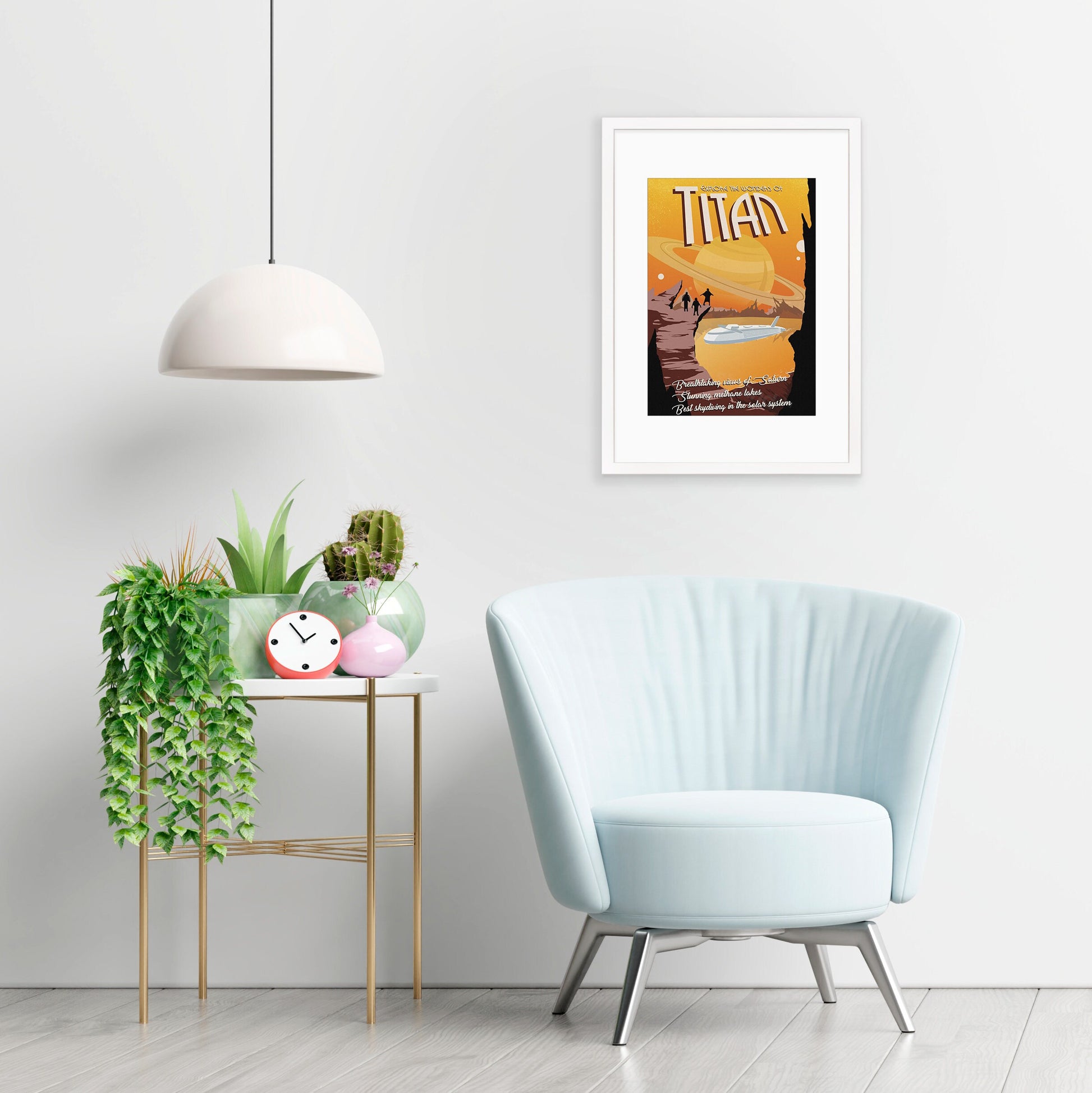 Planet Moon Titan Art Framed Mounted Wall Decor Print Retro Space Flight Travel Poster Science Sci Fi Geek Astronomy Cosmos Solar System Io