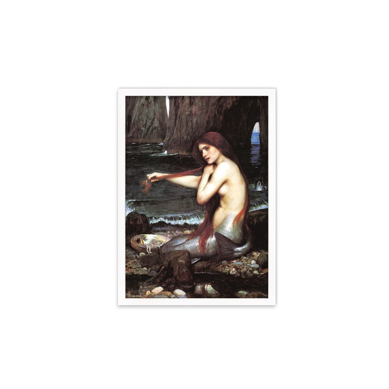 Mermaid Framed Art Print Poster Wall Mounted Quirky Fairy Tale Pre-Raphaelite John William Waterhouse Classic Painting Victorian Edwardian