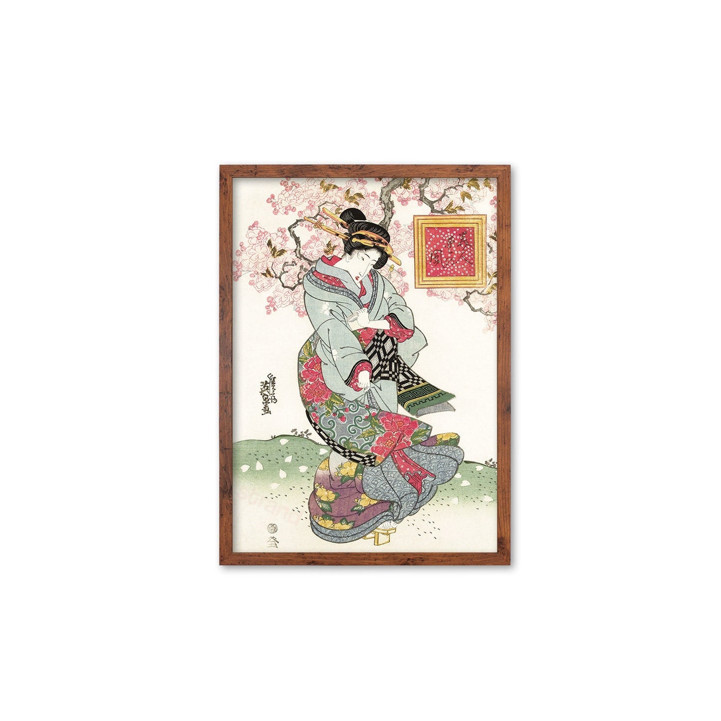 Japanese Art Geisha Sakura Framed Mounted Ukiyo-e Wall Decor Print Poster Woodblock Keisai Eisen Maiko Bijin Cherry Blossoms Beautiful A2 A3