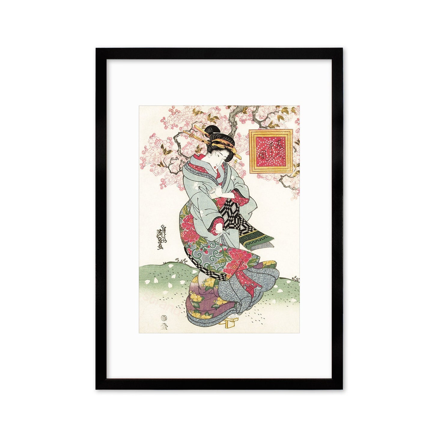 Japanese Art Geisha Sakura Framed Mounted Ukiyo-e Wall Decor Print Poster Woodblock Keisai Eisen Maiko Bijin Cherry Blossoms Beautiful A2 A3