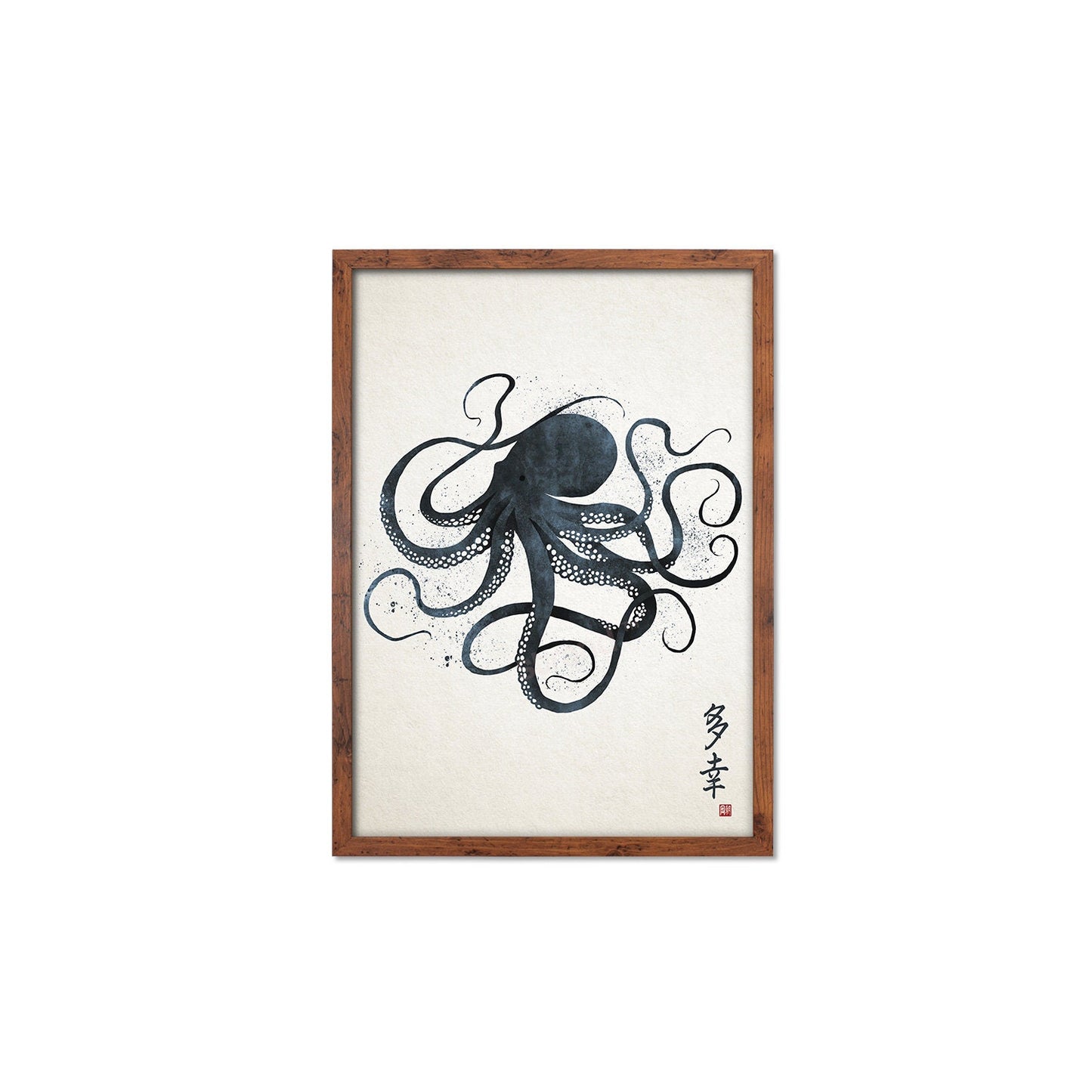 Japanese Octopus Art Print Poster Woodblock Ukiyo-e Style Framed Mounted Wall Samurai Tattoo Monster Calligraphy Beautiful Bushido A3 A2