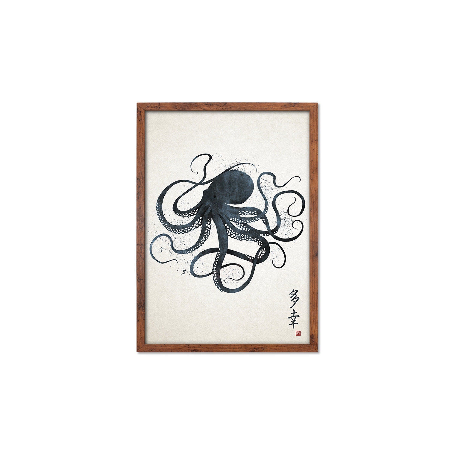 Japanese Octopus Art Print Poster Woodblock Ukiyo-e Style Framed Mounted Wall Samurai Tattoo Monster Calligraphy Beautiful Bushido A3 A2