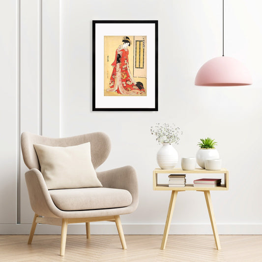 Japanese Art Print Poster Woodblock Ukiyo-e Framed Mounted Wall Kyoto Geisha Maiko Tattoo Beautiful Japan Calligraphy Spaniel Dog Chin A2 A3