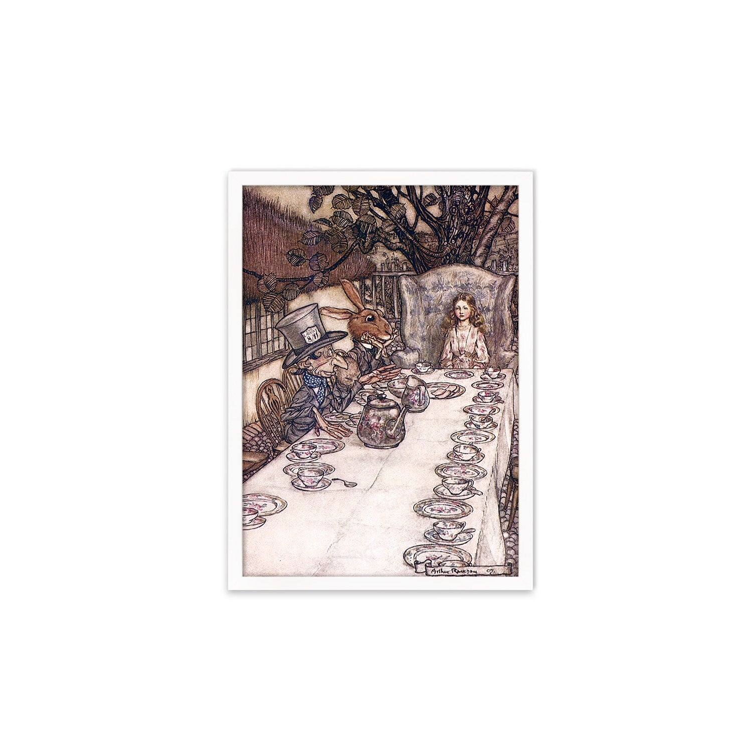 Alice In Wonderland Framed Art Print Poster Wall Mounted Antique Book Illustration Mad Hatter Tea Party Arthur Rackham Victorian Cute Quirky