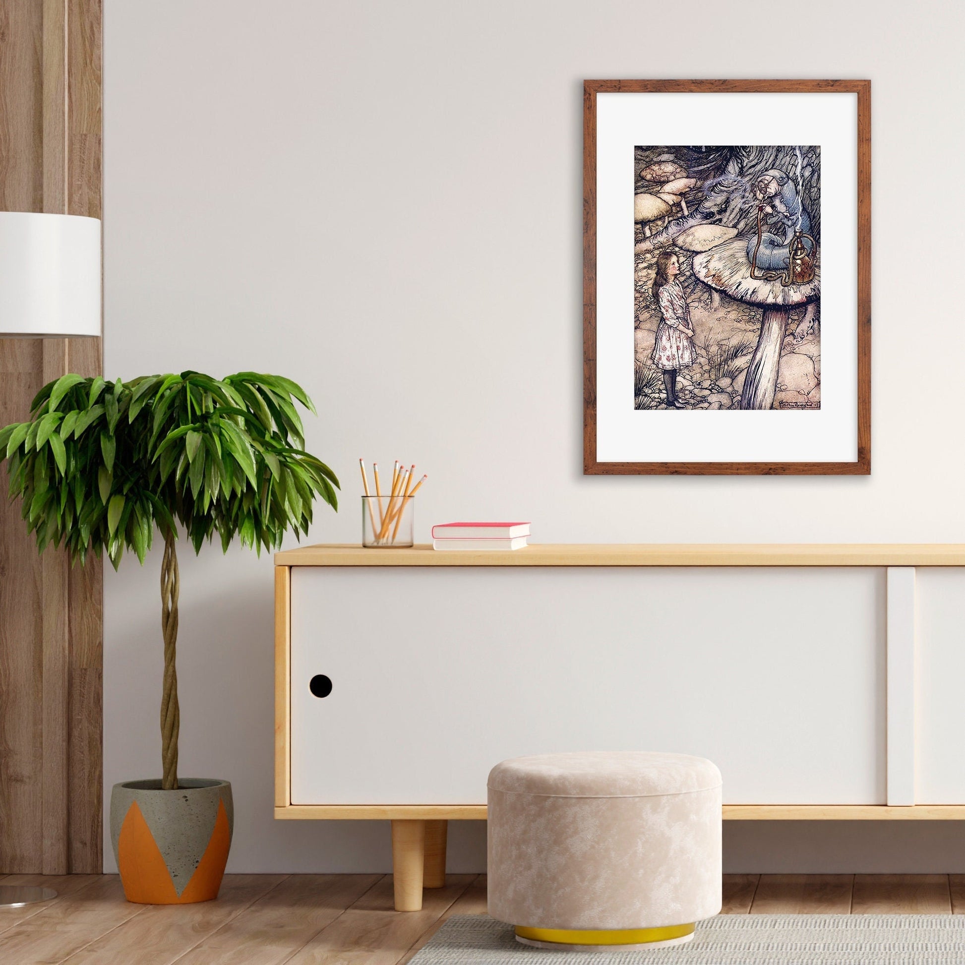 Alice In Wonderland Framed Art Print Poster Wall Mounted Antique Book Illustration Caterpillar Mushroom Arthur Rackham Victorian Cute Quirky