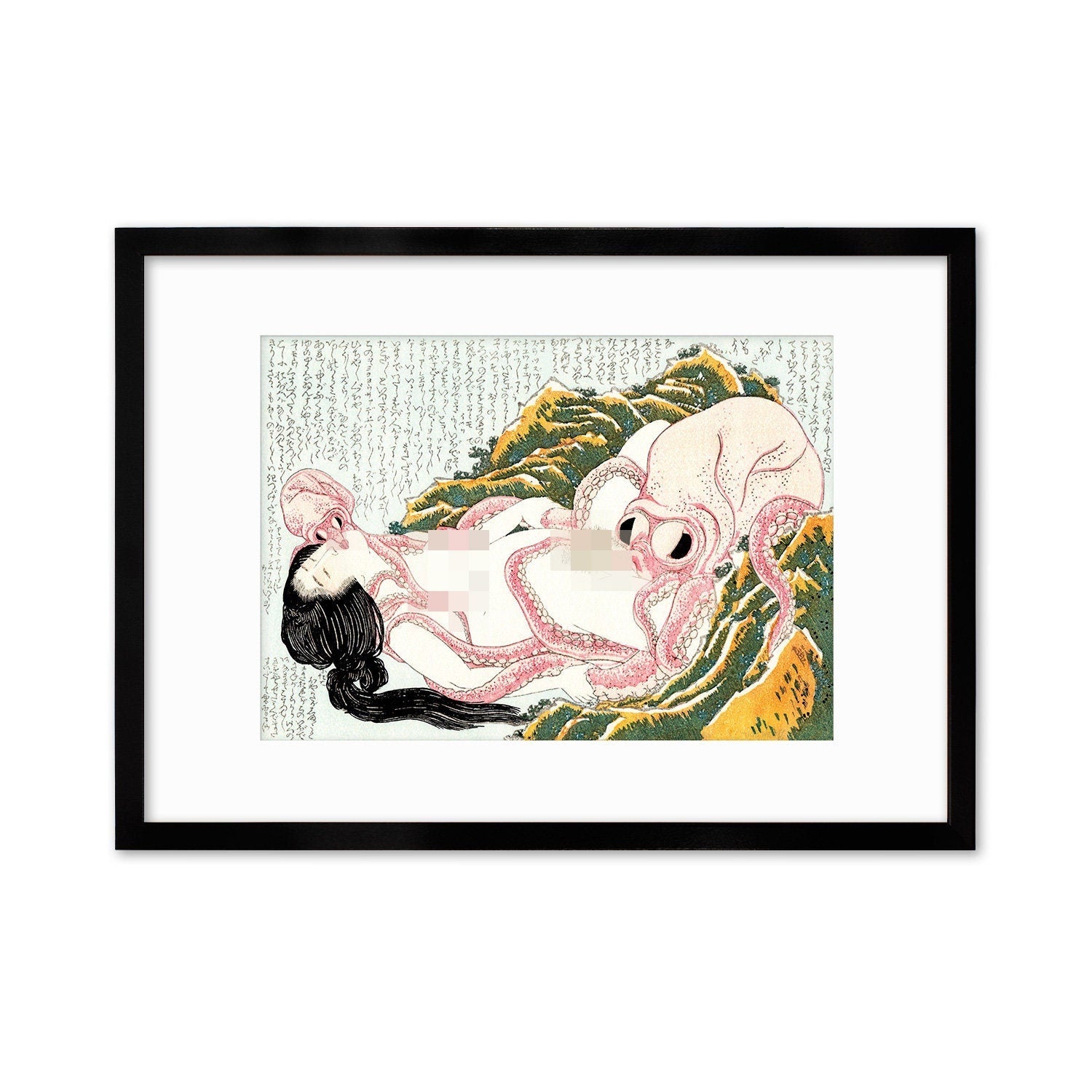 Japanese Shunga Art Framed Mounted Ukiyo-e Wall Decor Print Poster Woodblock Ama Diver Octopuses Hokusai Sensual Calligraphy Japan Tattoo