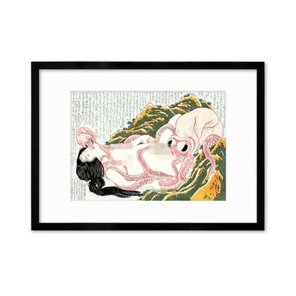Japanese Shunga Art Framed Mounted Ukiyo-e Wall Decor Print Poster Woodblock Ama Diver Octopuses Hokusai Sensual Calligraphy Japan Tattoo
