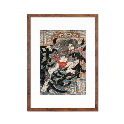 Japanese Samurai Art Print Poster Woodblock Ukiyo-e Rori Hakucho Chojun Kuniyoshi Framed Mounted Wall Warrior Sword Katana Tattoo A3 A2