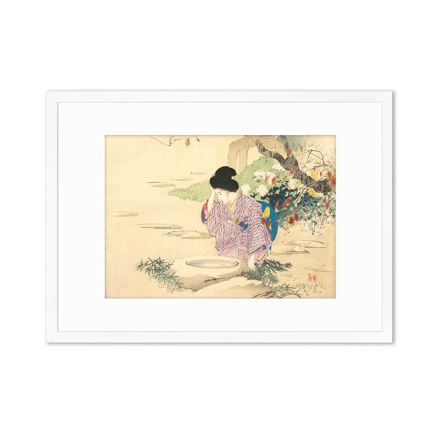 Japanese Woman Bijin Art Print Poster Woodblock Ukiyo-e Kuchi-e Kajita Hanko Framed Mounted Wall Geisha Maiko Kimono Elegant Landscape A3 A2