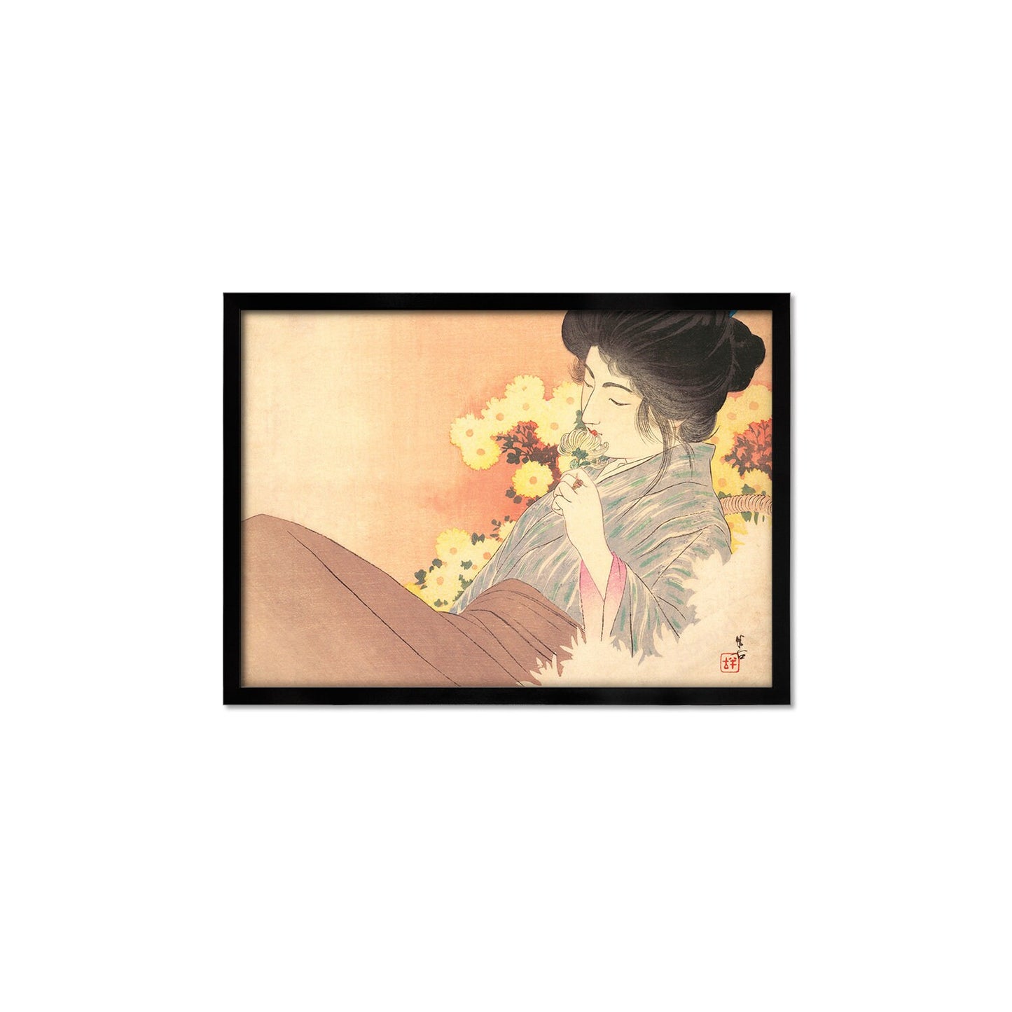 Japanese Woman Bijin Art Print Poster Woodblock Ukiyo-e Kuchi-e Kajita Hanko Framed Mounted Wall Geisha Maiko Kimono Elegant Landscape A3 A2