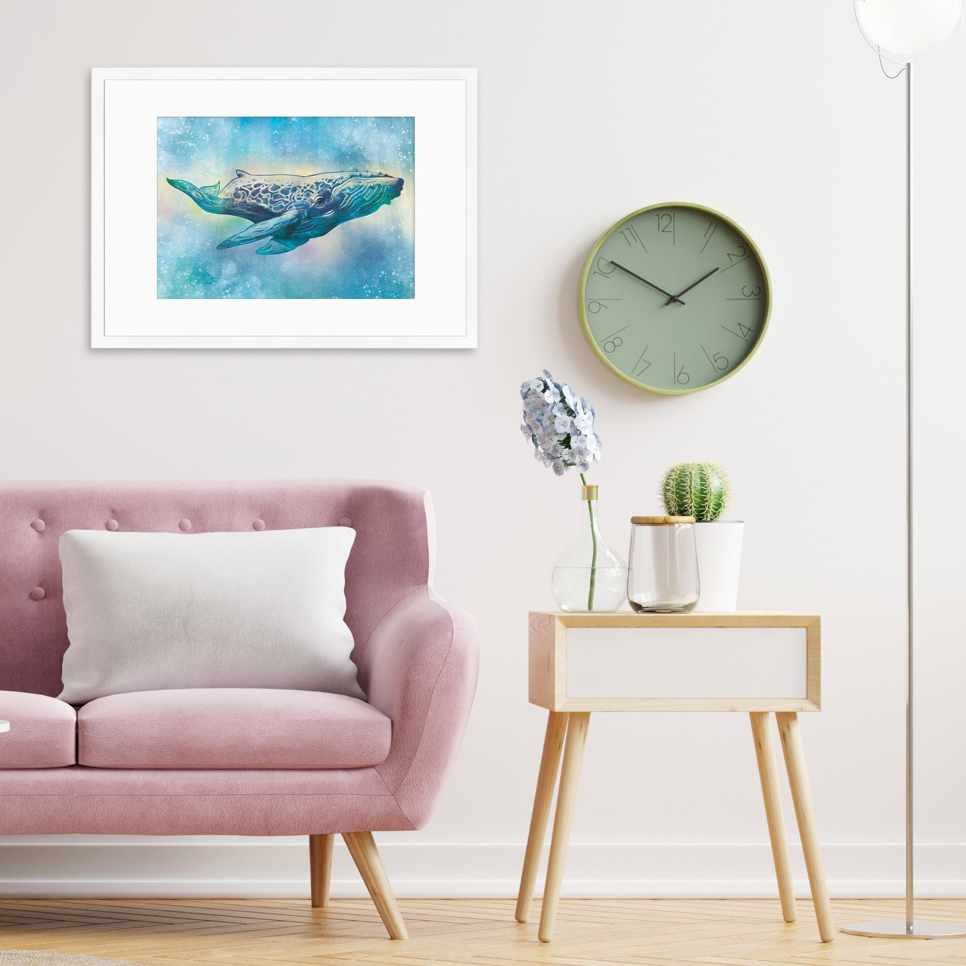 Humpback Whale Art Print Poster Wall Decor Framed Mounted Watercolour Pencil Drawing Frame Sea Orca Dolphin Ocean Nature Planet Earth A3 A2